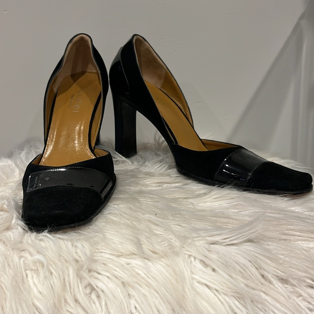 GUCCI Patent Leather Suede Black D'Orsay Square Toe Block Heel Pumps 8.5